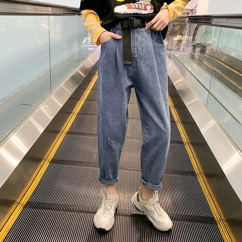 

Spring Autumn Children Light Blue Jeans With Belt Teen Girl Pants 4 -14 Y Casual High Waist Elastic Denim Pants Kids Trousers