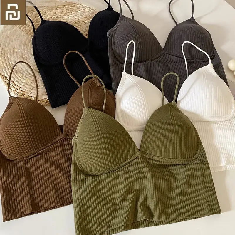 

YOUPIN Ladies Camisole Slim Fit Sexy Stretch Push Up Bra with Chest Pads Knitted Crop Top Short Tube Top V-Neck Tops Bralette