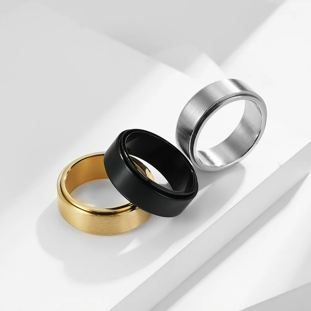 

8MM Wide Rotatable Dynamic Decompression Titanium Steel Ring Men's Stainless Steel Simple18K Gold Plated Jewelry Wholesale
