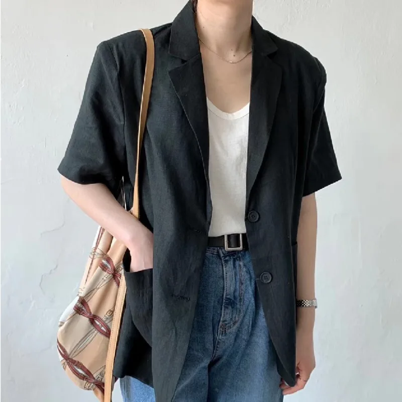 Korean Style Fashion Minimalism Women Black White Casual Linen Blazer Notched Short Sleeve Loose Jacket Tide 2021 Summer Jackets
