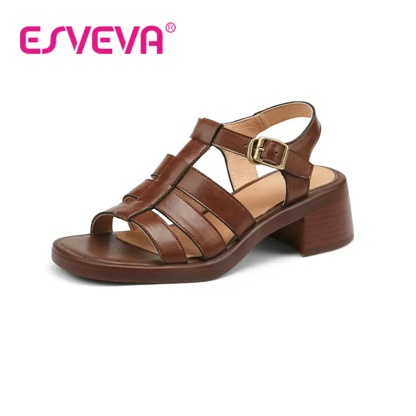 

ESVEVA 2022 Sandal Cow Leather Square Heel Fashion Female Shoes Cut Outs Round Toe Neutral Platform Women Pumps Big Size 34-39