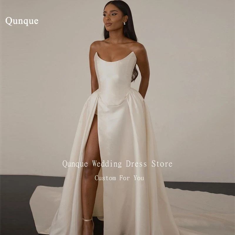 Qjall классическое атласное длинное свадебное платье женское с высоким разрезом