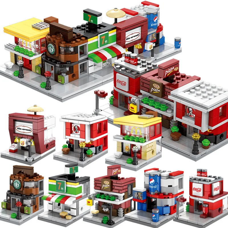 

Street View City Series Drink Coffee Fast Food Pizza Shoes Store Model Convenience Stores Building Blocks Set Toys Kids