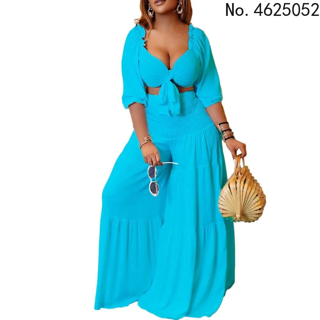 

Женский комплект из 2 предметов, повседневный укороченный топ на бретельках и брюки с высокой талией, модный пляжный стиль, Африканский наря...