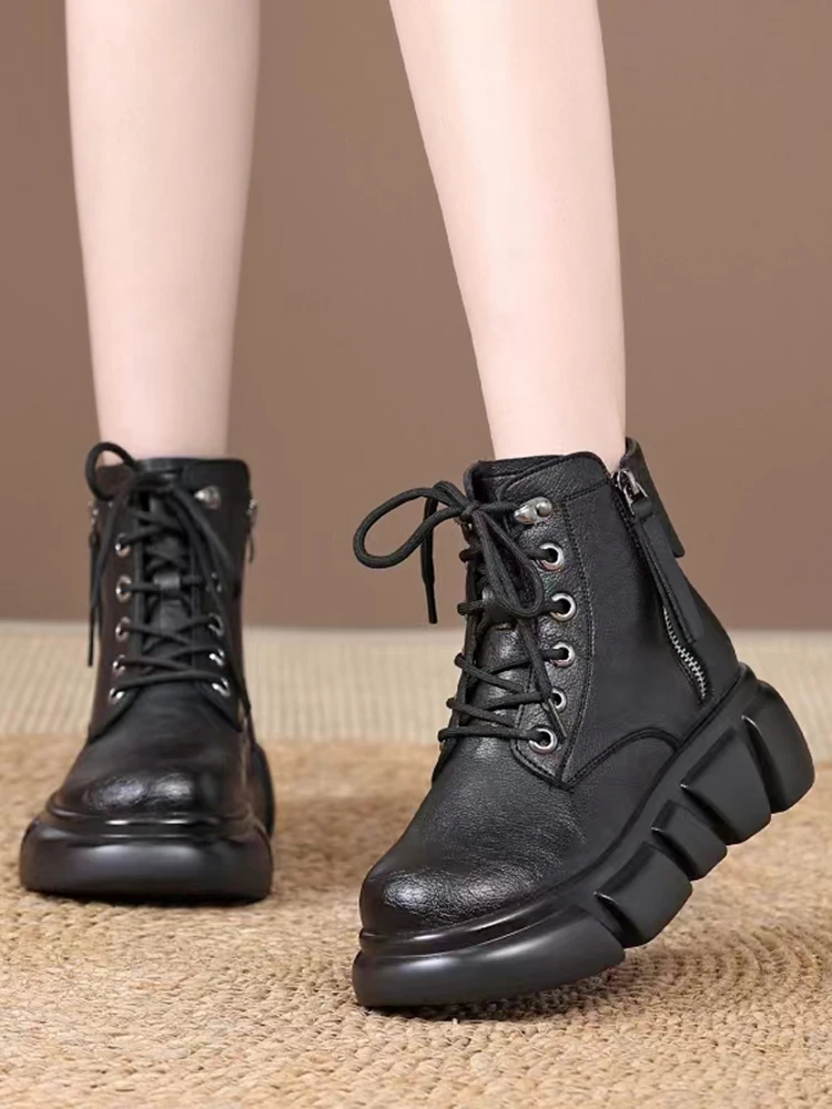 

Женские ботинки на плоской подошве, ботильоны на молнии с круглым носком, из натуральной кожи, в Стиле Лолита, рок, 2023