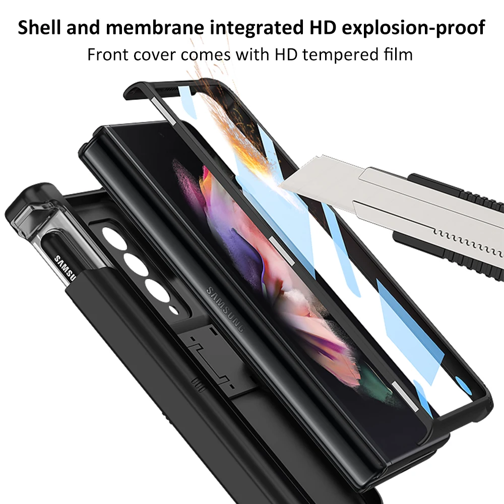 Magnetic Armor Case For Samsung Galaxy Z Fold3 Hinge With Kickstand Adjustable Pen Holder Pc Anti-drop Slide Rail Pen Case Funda