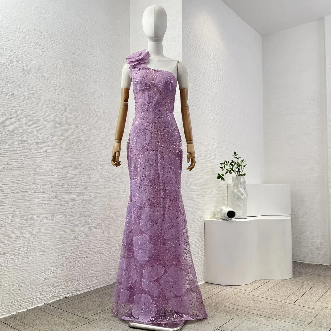 2025 Новое фиолетовое платье макси на одно плечо с бисером и блестками высокое