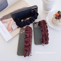 plain leather seersucker wrist strap mobile phone case coffee color black for iphone 13 12 11 pro max phone cover for iphone 13
