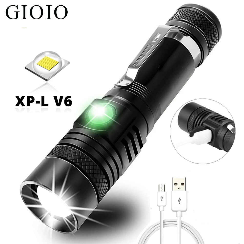 LED Flashlight Super Bright With XP-L V6 LED lamp bead Waterproof Torch Zoomable 4 lighting mode Multi-function USB Rechargeable