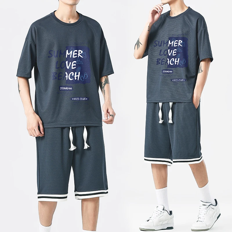 2023 Summer New Embroidered Silky Waffle Big Blue Block  Short Sleeve Casual Sports Suit Men's Fashion Ventilate Two Piece Set