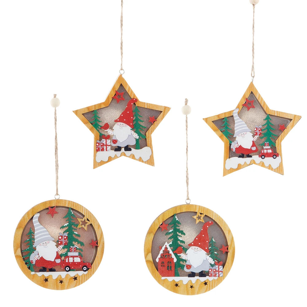 

4 Pcs Wooden Luminous Christmas Pendant Ornaments Santa Claus Gift Crafts New Year Navidad Xmas Tree Hanging Decoration