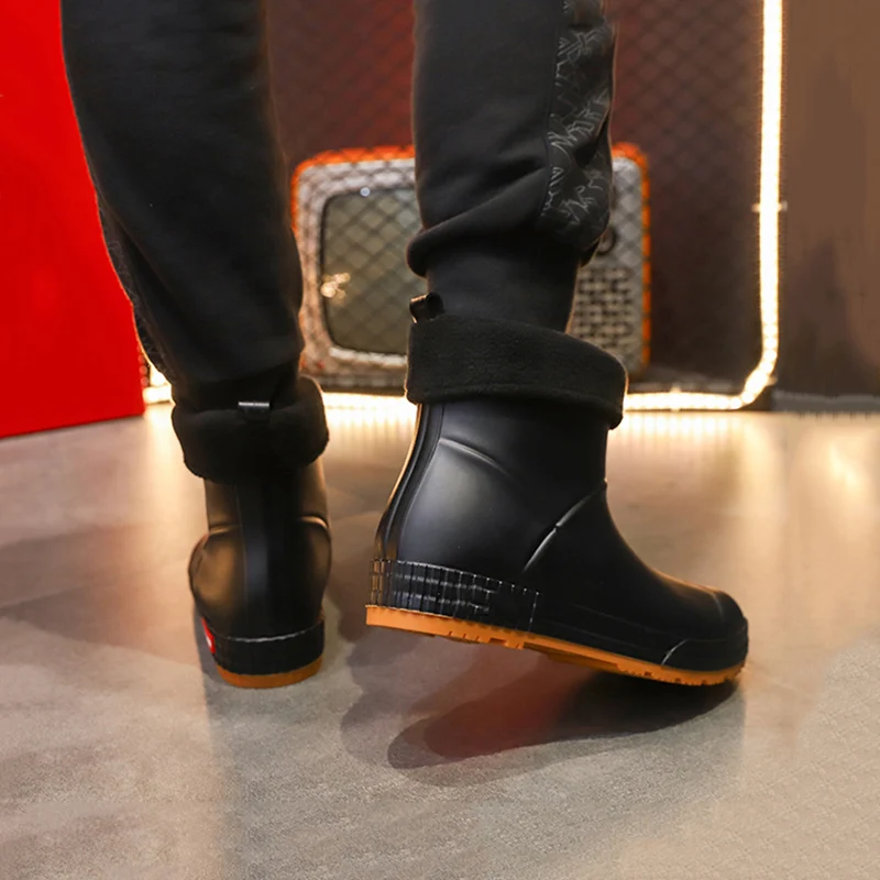 Unisex Beige White Non-Slip Rainboots Fashion PVC Waterproof Comfortable Plush Rain Boots Winter Warm Casual Flat Work Boots