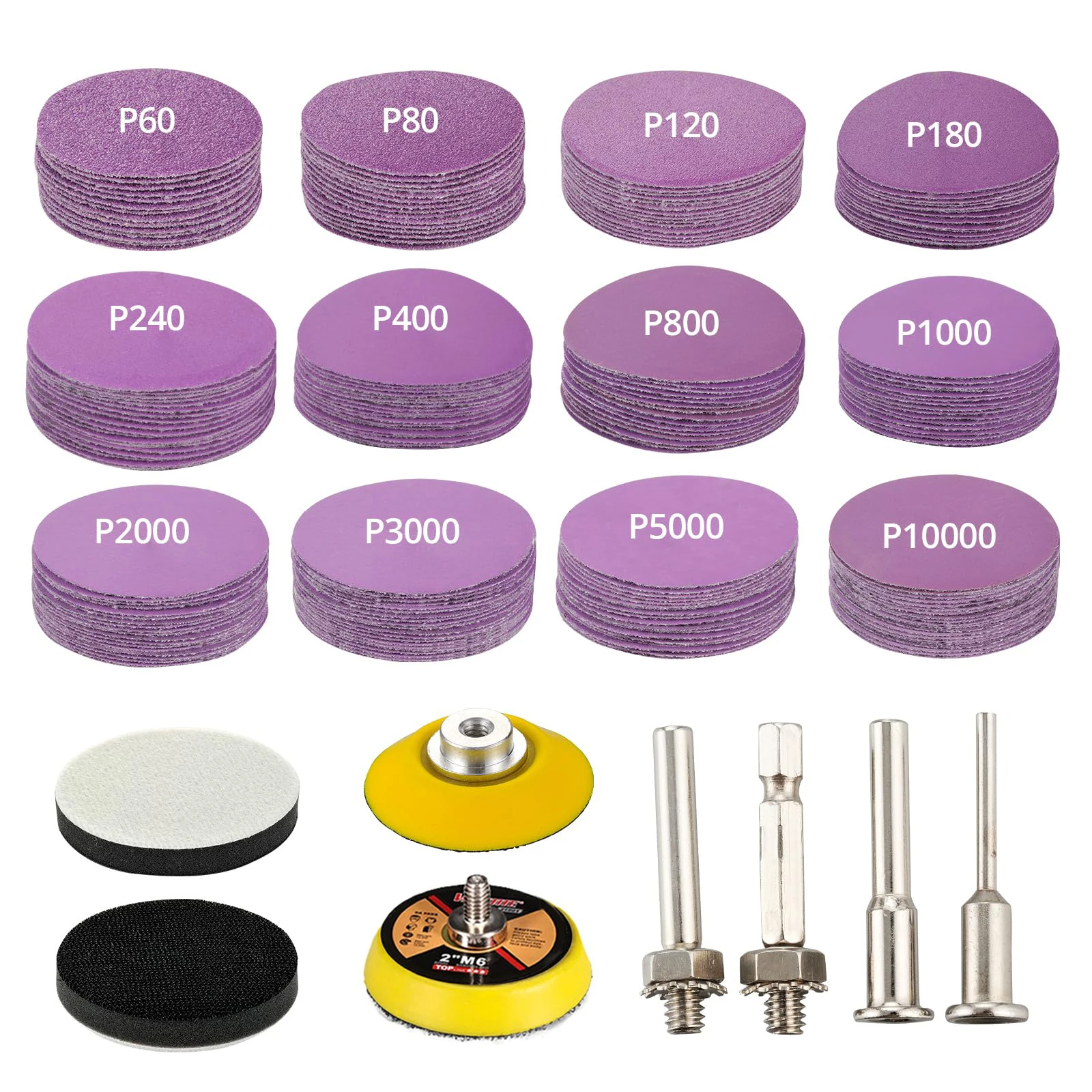 

2-дюймовый шлифовальный диск для влажной и сухой шлифовки, 2-188 шт., зернистость 60-10000 с хвостовиком 1/8 дюйма, 1/4 дюйма и шлифовальным инструментом для интерфейсной подушечки
