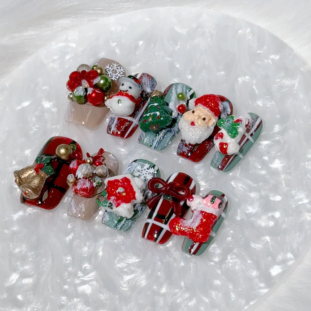 Рождественский пресс на акриловых ногтях накладные ногти ручной работы 3D