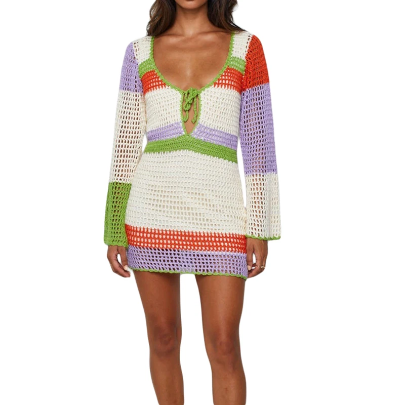 

Women Cover Up Dress Long Sleeve Deep Neck Patch Color Beach Sunscreen Cutout Midi Smock
