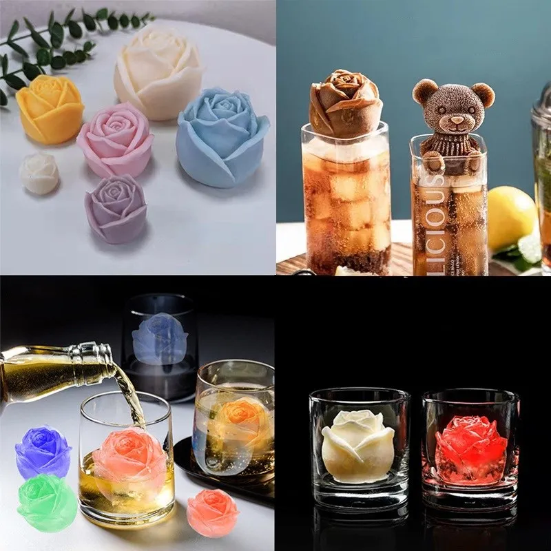 

3D Rose Ice Cube Ice Hockey Gel Mold DIY Valentine'S Day Rose Fragrance Candle Little Bear Ice Cube Mold Kitchen Tools Accessory