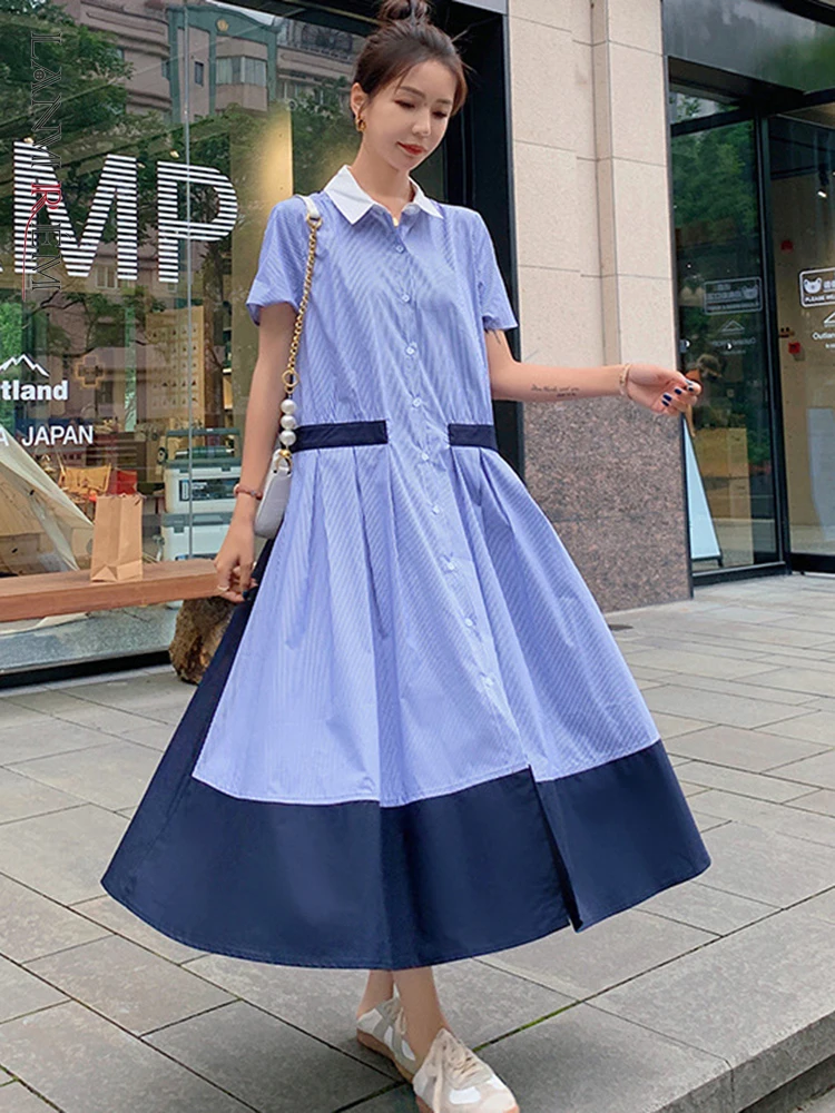 LANMREM Casual Striped Dress Women Contrast Color Lapel Short Sleeves Single Breasted A-line Dresses Fashion 2023 New 2AA1173