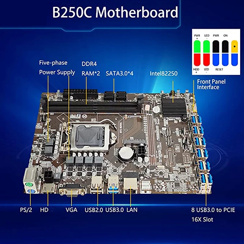 B250C 12 Card BTC Mining Motherboard With USB Extension Cable+Switch Cable 12XUSB3.0 To PICE X1 LGA1151 DDR4 RAM MSATA