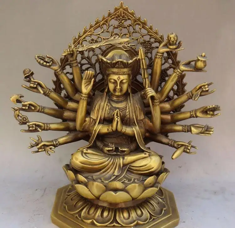 Китайская Бронзовая статуя Будды Lotus1000 Arms Avalokiteshvara Kwan-yin 11 дюймов