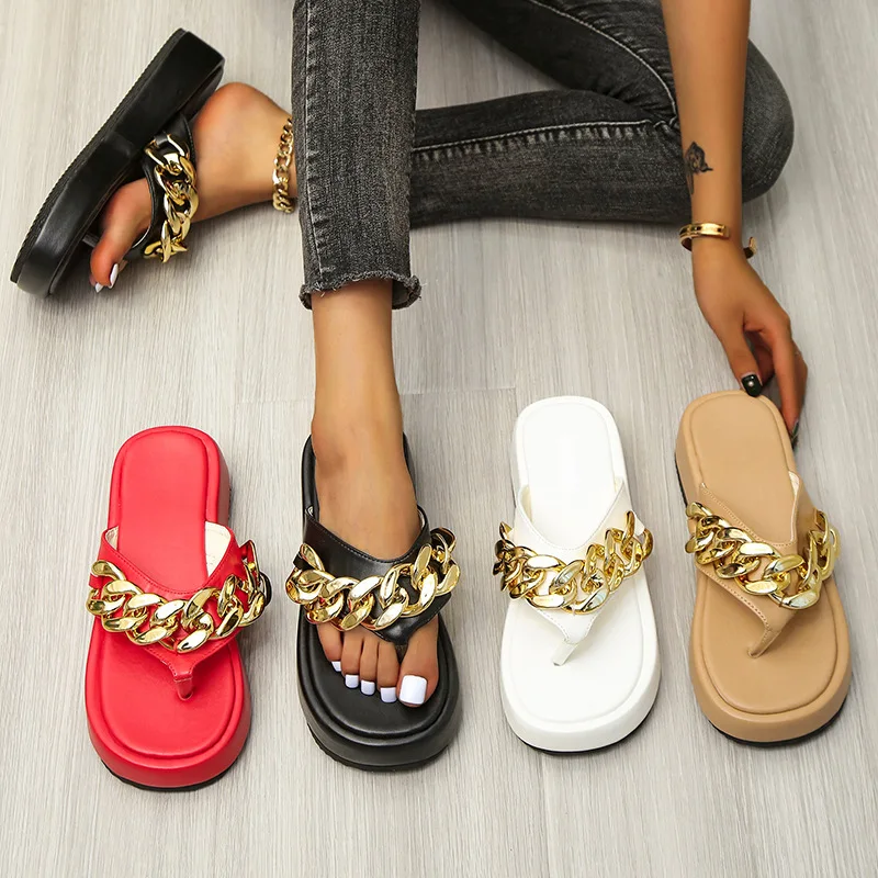 

2022 New Women Summer Fashion Chain Flip-flops Sandal Slippers Shoes Woman Flat Platform Sandals Casual Flat Slippers Slides