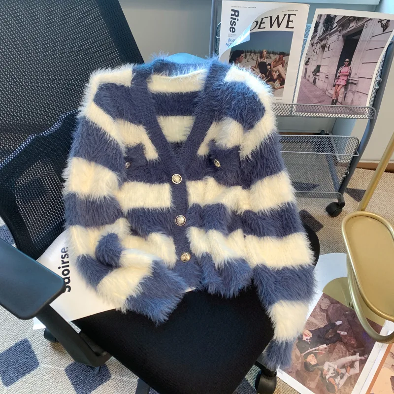 

Striped Mink Fleece Sweater Coat Women's New Style Small Fragrance V-Neck Premium Knitted Cardigan