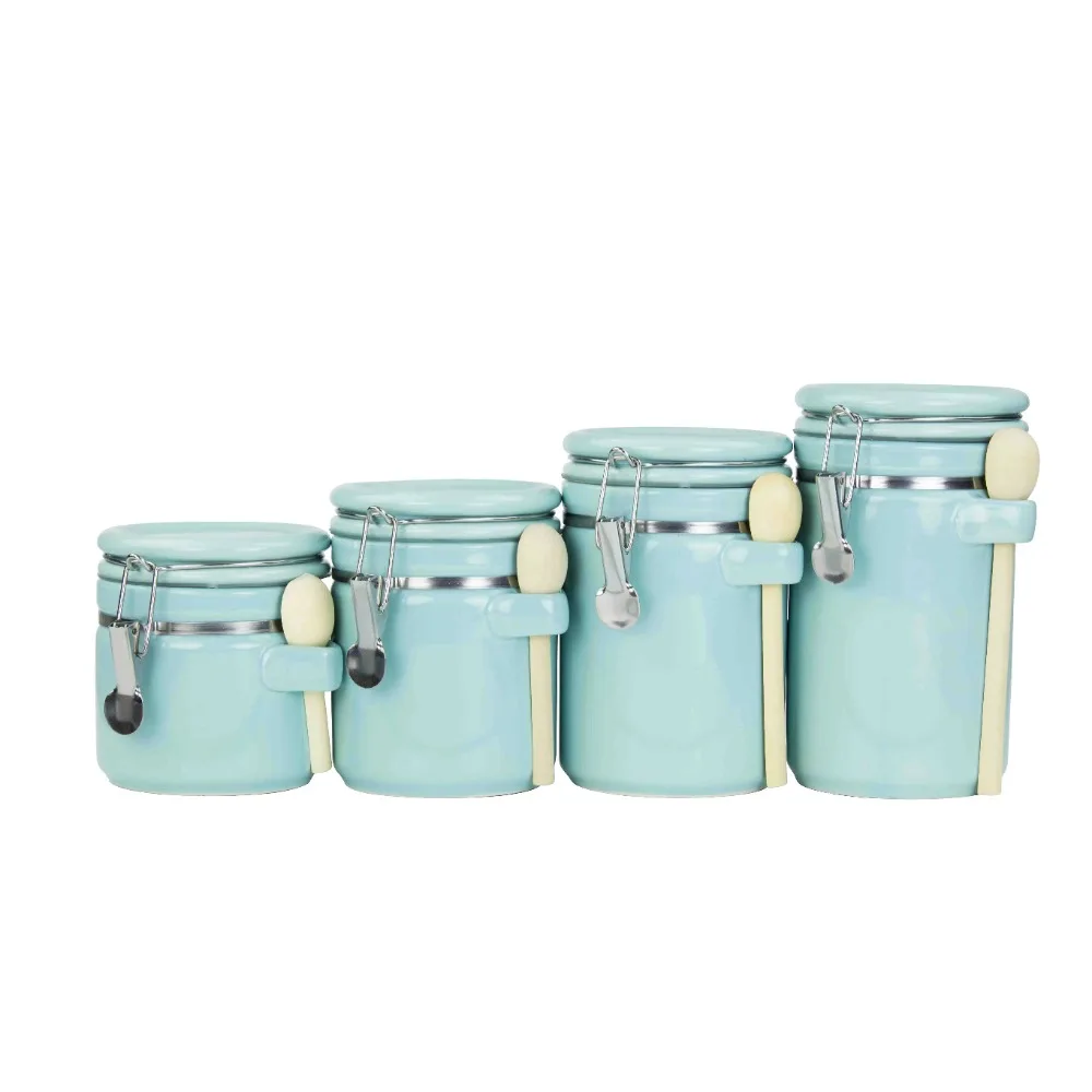 

4 Piece Ceramic Canisters with Easy Open Air-Tight Clamp Top Lid and Wooden Spoons, Turquoise Kitchen Storage & Orga