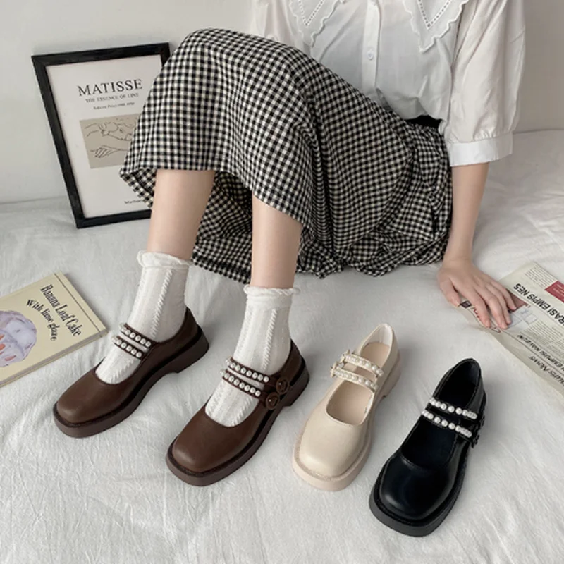 

Индивидуальные кожаные туфли, женские новые украшения с квадратным носком и жемчугом, Туфли Мэри Джейн, студенческие универсальные туфли, п...