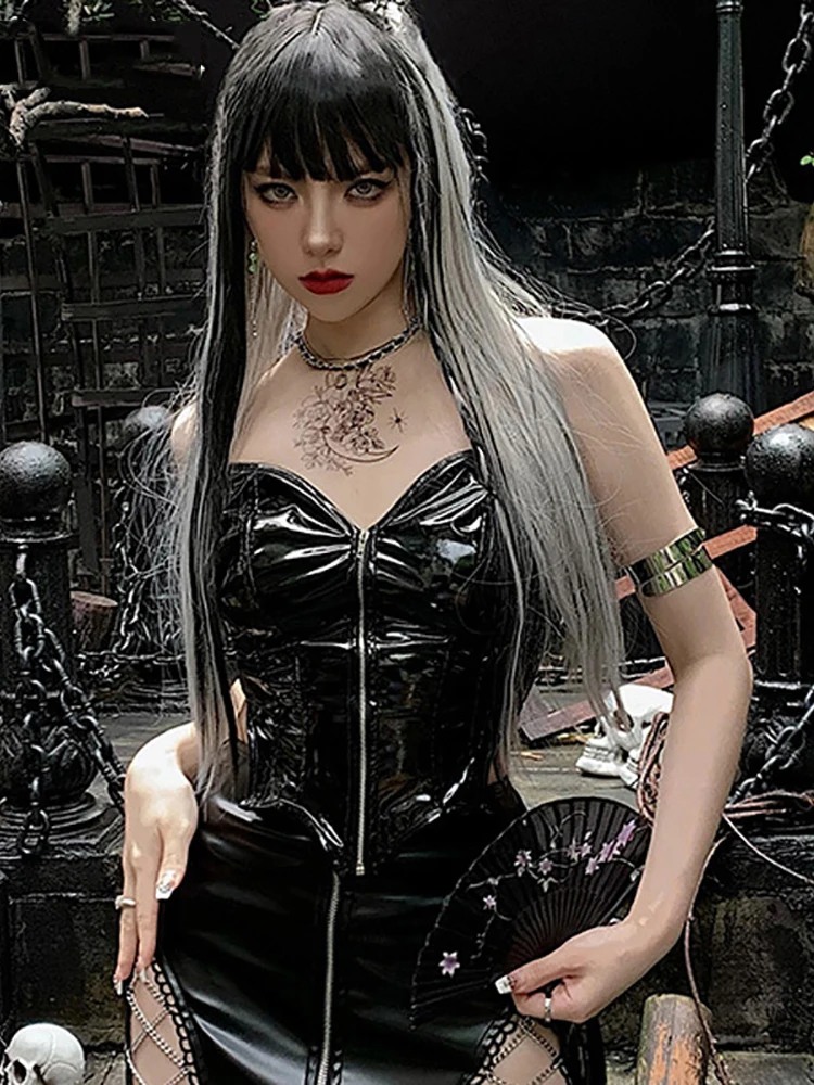 

2022 Retro Faux Pu Zip Up Night Sexy Grunge Tube Tops For Women Mall Gothic V-neck Off Shoulder Crop Top Punk Club Party Corsets