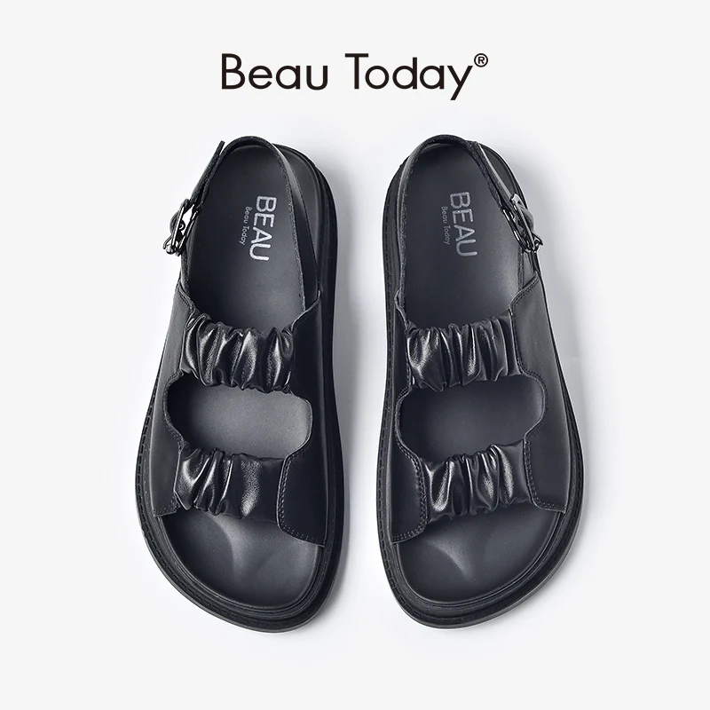 

BeauToday Chunky Sandals Women Buckle Strap Pleated Open Round Toe Slingback Platform Casual Outdoor Summer Female Shoes 34532