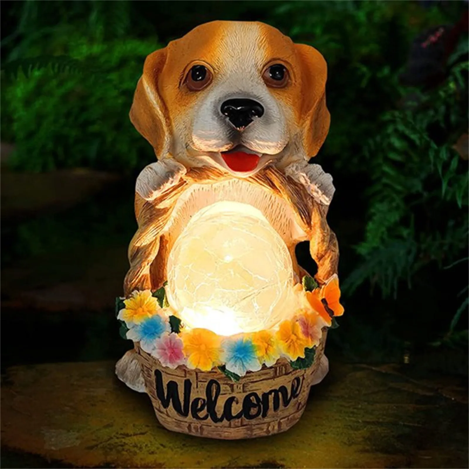 

Resin Sculpture Waterproof Lighted Solar Dog Statues Figurines Welcome Signs Home Outdoor Garden Yard Decoration