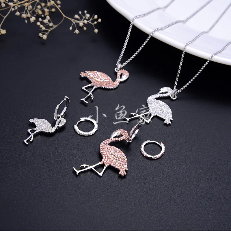 

Mona S925 Sterling Silver White Pink Flamingo Earrings Adjustable Necklace Grus Japonensis Women Lovely Birds Festival Jewelry