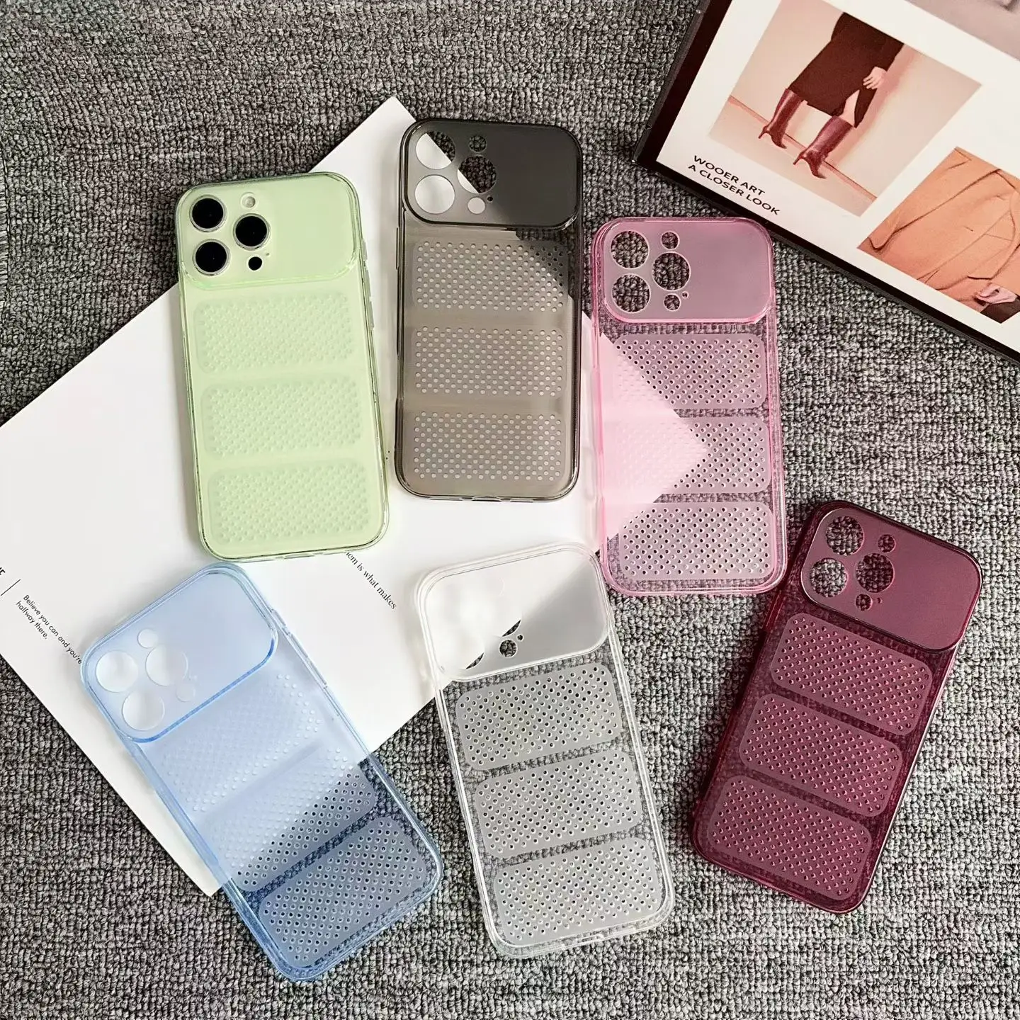 Фото Ультратонкие чехлы для iPhone 15, 16, 17 Pro Max с охлаждением и рассеиванием тепла, сетчатые, дышащие, из мягкого TPU, в конфетных цветах №2