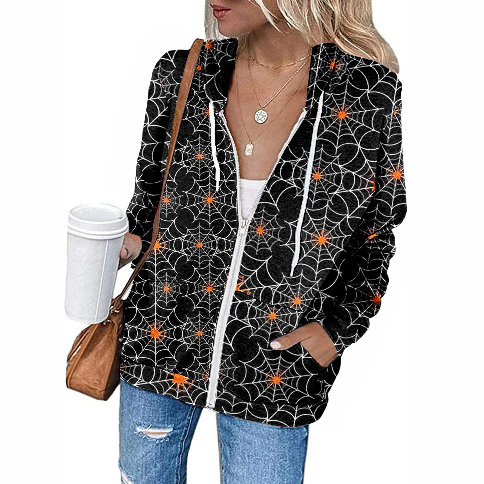 

Woman's Snow Jacket Women Casual Jacket Loose Zipper Hooded Drawstring Jacket Halloween Print Solid Casual Women Dress Jacket