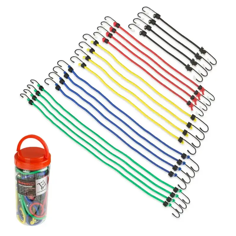 

of Assorted Length Bungee Cords with Hooks in Plastic Jar