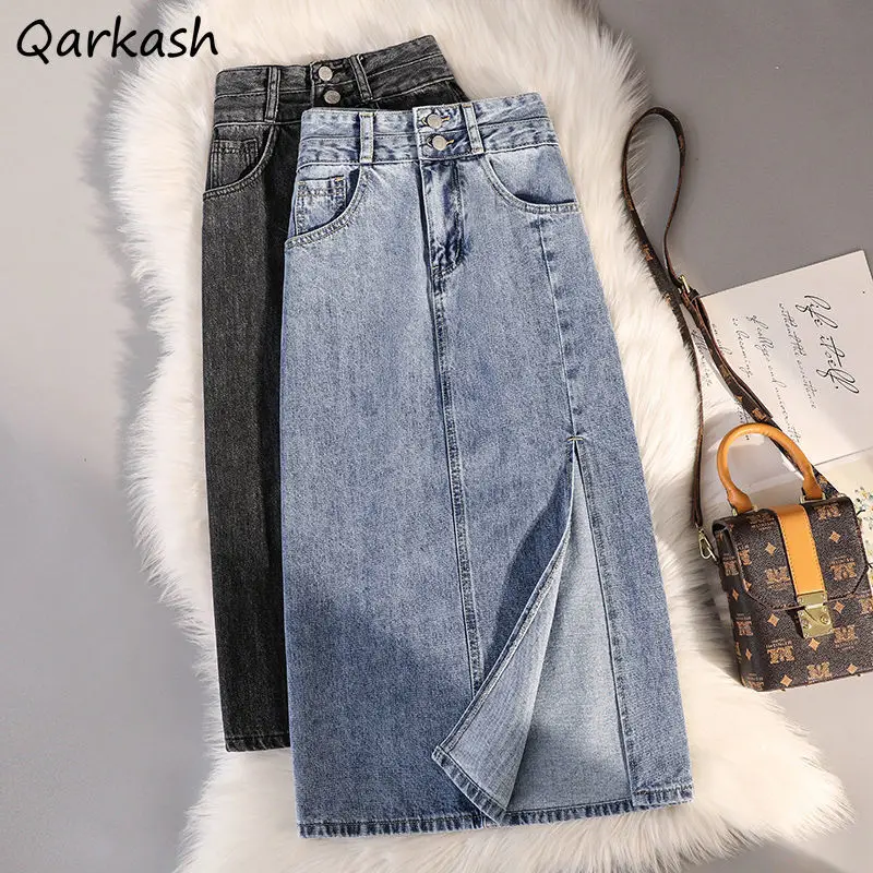 

Denim Irregular Midi Skirts Women Streetwear High Waist Side Slit Students Females Ulzzang Retro Vintage Washed Casual Mujer New