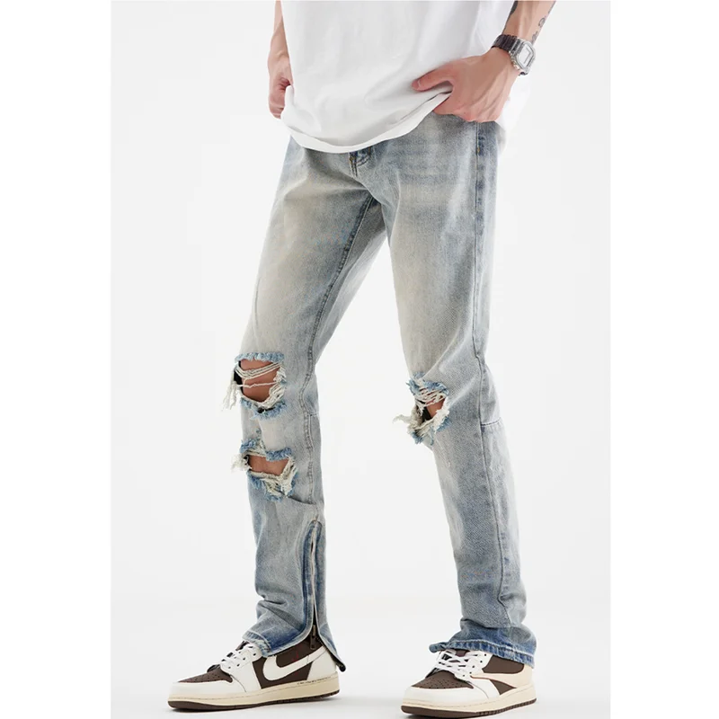 Streetwear Men 2022 Fashion New Pattern Recreational Blue Pants Straight Cylinder Comfortable Loose Ripped Jeans Autumn Female