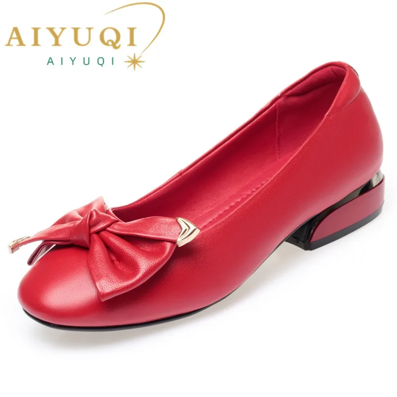 AIYUQI Women's Spring Shoes New 2023 Genuine Leather Mid-heel Red Shoes Women Round Toe Shallow Bow Women Shoes