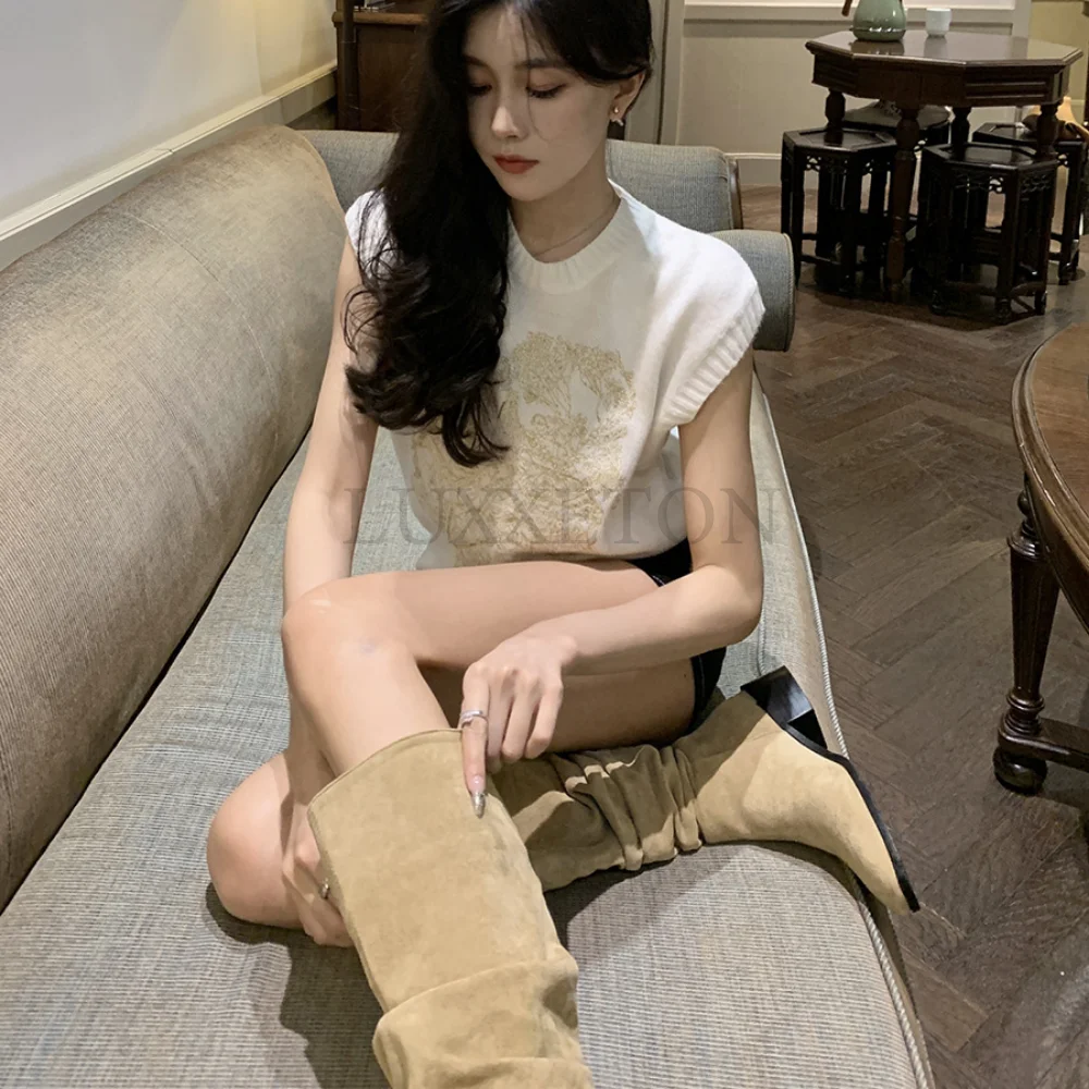 Western Cowboy Boots For Women Pointed Toe Shoes Brand Suede Leather Shoes Knee High Chunky Heel Comfy Walking Boot Woman