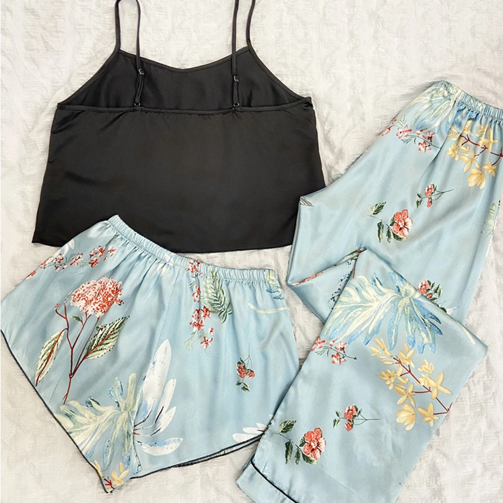 New Sleepwear Women's Soft Ice Silk Sexy Strap Pants Set Elegant Fashion Satin Print Pajamas Home Wear Casual Home Shorts Set