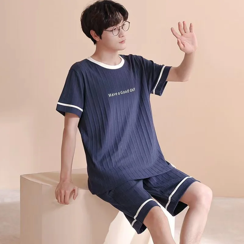 Men's Pajamas Set Cotton Summer Two-Piece Sleepwear Short Sleeve Shorts Casual Loose Nightwear Lounge Home Clothing