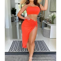 womens sexy solid color slim suit womens spaghetti strap backless strapless short top high waist slit irregular skirt suit