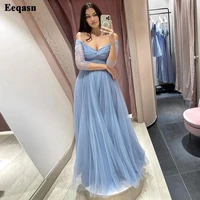 eeqasn simple long sleeve tulle formal prom party dresses 2022 v neck a line off the shoulder evening dress women party gowns