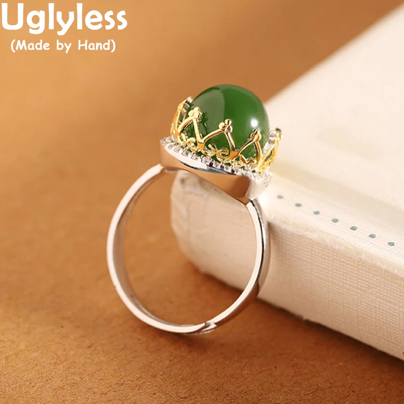 

Uglyless Crown Setting Natural Jasper Rings for Women Green Jade Gemstones Jewelry Glossy 925 Sterling Silver Rings Hotan Jade