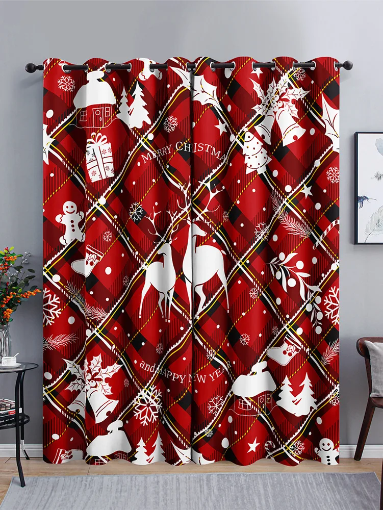 

Red Check Fawn Bell Christmas Tree, Christmas 3D Digital Printing Bedroom Living Room Window Curtains 2 Panels