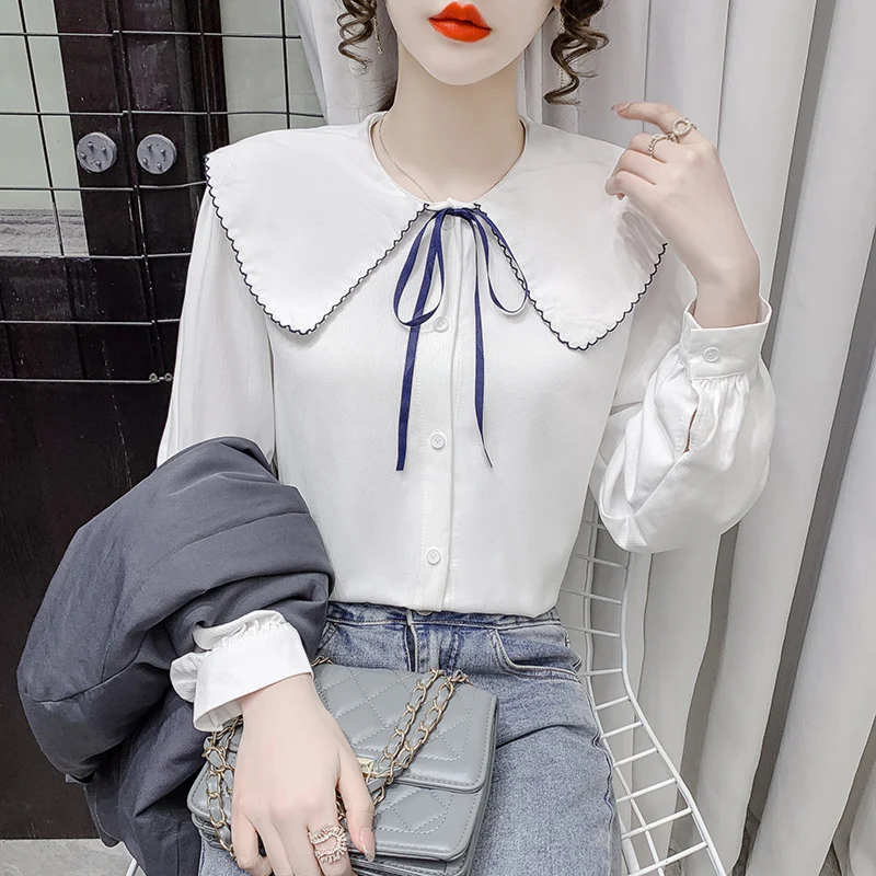 

Chiffon Loose Women's Shirt New Fashion Blouses Casual Long Sleeve Blusas Solid Color Bow Tie Top Autumn