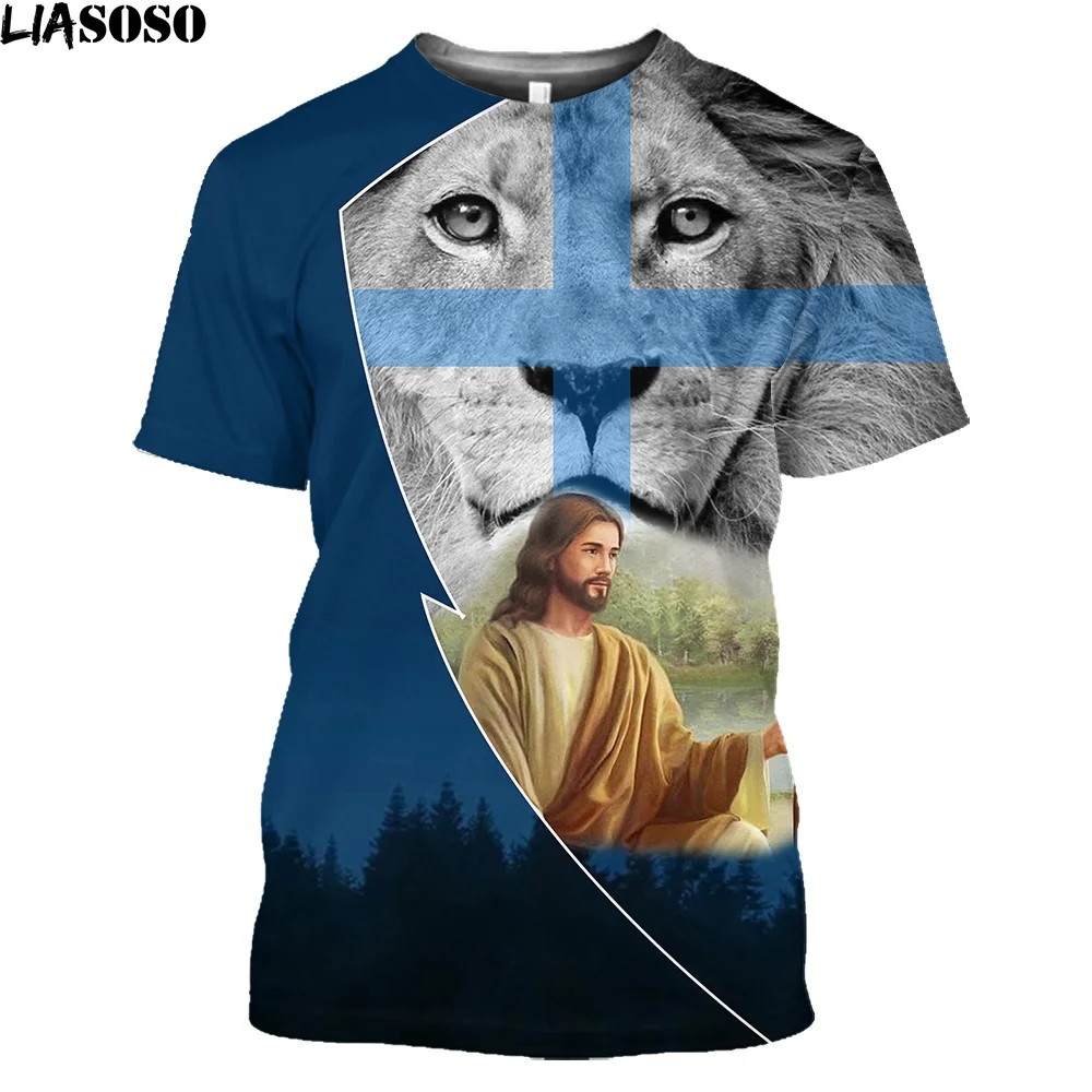 

LIASOSO God Religion Christ Jesus with Lion 3D Print Men T-shirts 0-Neck Short Sleeve Streetwear Loose Top Tee Oversized T Shirt