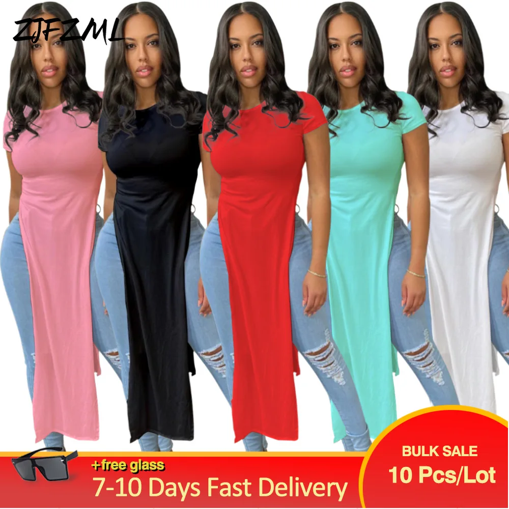 

Bulk Items Wholesale Lots Summer Stand Stylish Dress for Women Plain Color Short Sleeve Side Split Pure Color Slim Fit Dresses