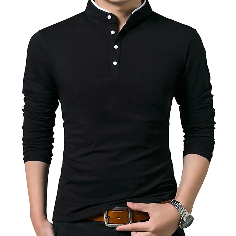 

Men's Spring Autumn Slim Tops Solid Color Long Sleeve Stand Collar Button Shirts