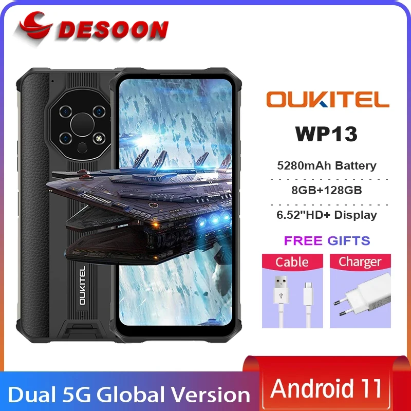 OUKITEL WP13 Global Version Dual 5G Rugged Smartphone IP68 Infrared Thermometer 8GB+128GB 6.52''HD+ 48MP 5280mAh Mobile Phone