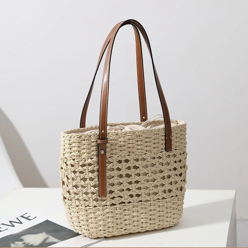 Vacation Beach Weave Tote Bag Large Capacity PU Leather Top-handle Casual Portable Braided Hollow Out Rattan Big Basket Satchel